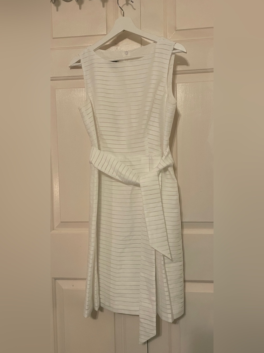 Anne Klein White Sheer Stripe Tie Waist Sheath Dress - Quiet Luxury Resort Wear